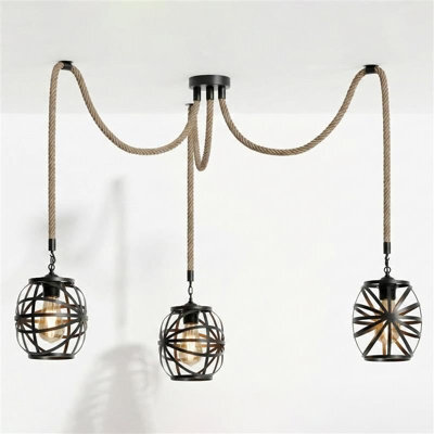 3Head Modern Hemp Rope Ceiling Lights Hanging Industrial Black Cage Pendant Light Retro Lamp - image 1