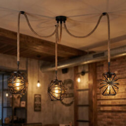 3Head Modern Hemp Rope Ceiling Lights Hanging Industrial Black Cage Pendant Light Retro Lamp - thumbnail 3