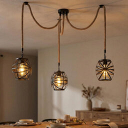 3Head Modern Hemp Rope Ceiling Lights Hanging Industrial Black Cage Pendant Light Retro Lamp - thumbnail 5