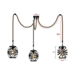 3Head Modern Hemp Rope Ceiling Lights Hanging Industrial Black Cage Pendant Light Retro Lamp - thumbnail 2