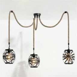 3Head Modern Hemp Rope Ceiling Lights Hanging Industrial Black Cage Pendant Light Retro Lamp