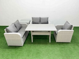 Fimous High Back Poly Rattan Garden Furniture Set Reclining Chair Loveseat Sofa Indoor Outdoor Set Side Table Light Grey - thumbnail 2