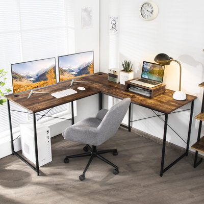 Costway L-Shaped Corner Computer Desk Reversible Study Writing Desk Workstation Home Office Laptop Table Rustic Brown - image 1