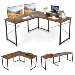 Costway L-Shaped Corner Computer Desk Reversible Study Writing Desk Workstation Home Office Laptop Table Rustic Brown - thumbnail 2