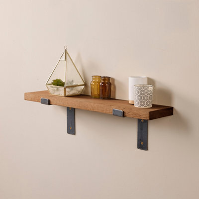 Off The Grain Wood Shelf With Lipped Brackets - 60Cm Oak Shelf With Walnut Finish - image 1