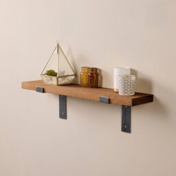 Off The Grain Wood Shelf With Lipped Brackets - 60Cm Oak Shelf With Walnut Finish - thumbnail 1