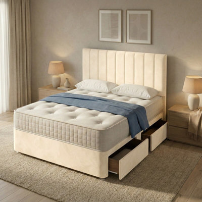 "Adore Designs Portland Plush Velvet Divan Bed, 50"" Headboard - 4Ft6 Double - Cream - 2 Drawers Same Side" - image 1
