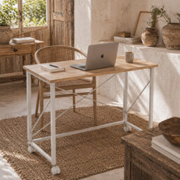Wyld Haus Yokare 80Cm Folding Desk On Wheels In Natural Oak Tone And White - Slim, Portable Workspace - thumbnail 1