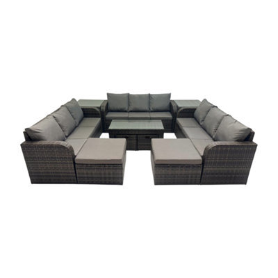 Fimous Rattan Garden Outdoor Furniture Set 3 Seater Sofa Coffee Table With 2 Side Tables 4 Footstools Dark Grey Mixed - image 1