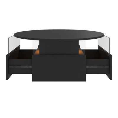 Keepreaper Black Round Top Coffee Table With Led Light 2 Sliding Storage Drawers Center Table For Home Office - image 1