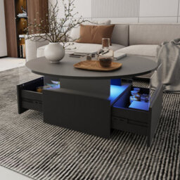 Keepreaper Black Round Top Coffee Table With Led Light 2 Sliding Storage Drawers Center Table For Home Office - thumbnail 6