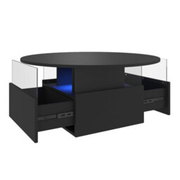 Keepreaper Black Round Top Coffee Table With Led Light 2 Sliding Storage Drawers Center Table For Home Office - thumbnail 2