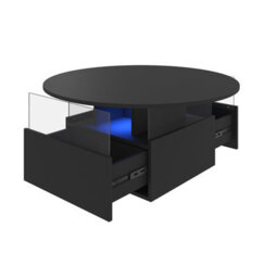Keepreaper Black Round Top Coffee Table With Led Light 2 Sliding Storage Drawers Center Table For Home Office - thumbnail 3