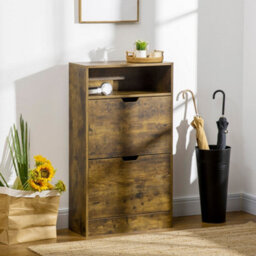 Wyld Haus Zilado Rustic Brown Slim Shoe Cabinet - 2 Flip Doors, Adjustable Shelves, Fits 12 Pairs - thumbnail 3