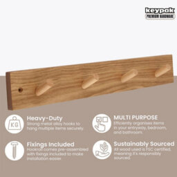 Keypak Wooden Coat Hook Rack- 46Cm Pine Wall-Mounted, 4 Hooks For Coats, Jackets & Hats - thumbnail 2