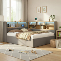 Btm 4Ft6 Lshaped Daybed Sofa Bed, Hydraulic Lift Storage Bed Frame With Led And Usb Charging, Velvet Grey - thumbnail 5