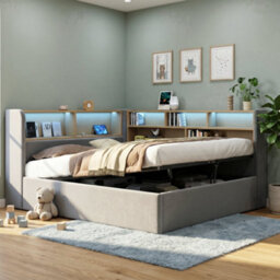 Btm 4Ft6 Lshaped Daybed Sofa Bed, Hydraulic Lift Storage Bed Frame With Led And Usb Charging, Velvet Grey - thumbnail 4