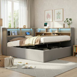Btm 4Ft6 Lshaped Daybed Sofa Bed, Hydraulic Lift Storage Bed Frame With Led And Usb Charging, Velvet Grey - thumbnail 3