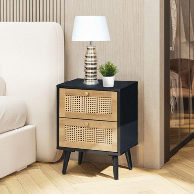 Swish Furniture Manila Black & Pvc Rattan 2 Drawer Bedside Table Nightstand Chest Bedroom Storage Furniture - image 1