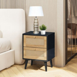 Swish Furniture Manila Black & Pvc Rattan 2 Drawer Bedside Table Nightstand Chest Bedroom Storage Furniture