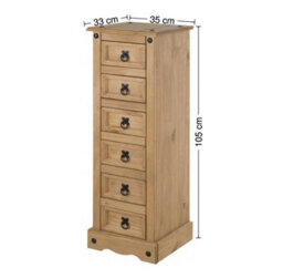 Mercers Furniture Corona Narrow 6 Drawer Bedside Table Cabinet Chest Solid Wood Pine Wooden Tall Slim With Mexican Styling - thumbnail 4