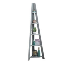 Modcraft 5 Tier Ladder Bookcase , Retro Wooden Corner Shelving Unit, Grey Scandinavian Style - thumbnail 2