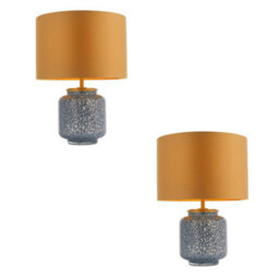 2 Pack Cobalt Glass Base Table Lamp Light & Gold Fabric Shade - Antique Brass