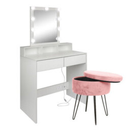 Harbour Housewares Wooden Dressing Table Set With Led Lights & Pink Stool - White