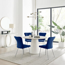 Furniturebox Uk Palma Beige Stone Effect Round Dining Table & 4 Blue Nora Silver Leg Chairs