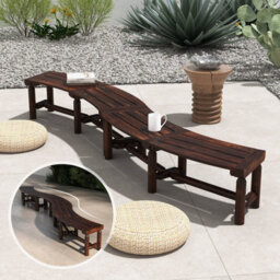 Costway Garden Curved Bench Patio Carbonized Wood Dining Bench Loveseat Slatted Seat - thumbnail 5