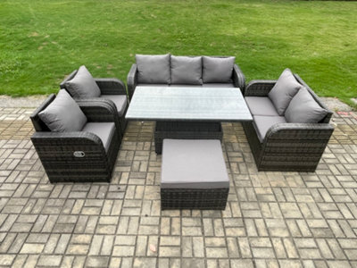 Fimous Rattan Outdoor Garden Furniture Sets Adjustable Rising Lifting Dining Table Reclining Chair Dark Grey Mixed - image 1