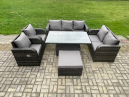 Fimous Rattan Outdoor Garden Furniture Sets Adjustable Rising Lifting Dining Table Reclining Chair Dark Grey Mixed - thumbnail 1
