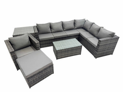 Fimous Patio Sofa Oblong Coffee Table Set Rattan Garden Furniture Set With Big Stool Chair Side Table Dark Grey Mixed - image 1