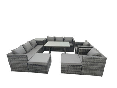 Fimous Rattan Dining Table Sofa Set With Armchair Side Table 2 Big Footstools Outdoor 10 Seat Garden Furniture Set Dark Grey Mixed - image 1