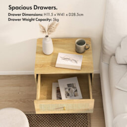 Vonhaus Bedside Table For Bedroom, Scandi Natural Rattan 2 Drawer Nightstand, Side Table For Living Room, Bedside Storage Cabinet - thumbnail 3