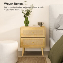 Vonhaus Bedside Table For Bedroom, Scandi Natural Rattan 2 Drawer Nightstand, Side Table For Living Room, Bedside Storage Cabinet - thumbnail 2