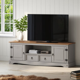 Mercers Furniture Corona Grey Large Widescreen Tv Unit 2 Door 2 Drawer Media Stand Solid Wood Mexican Pine Wooden