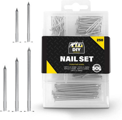 SOL 250Pk Assorted Nails For Wood, Iron Nails For Hanging Pictures - Long, Medium And Small Wall Nails For Diy And Crafts, Woodwork - image 1