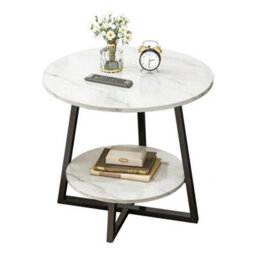 Round 2 Tier Coffee Table Side Table White Marble Effect End Table Living Room - thumbnail 5