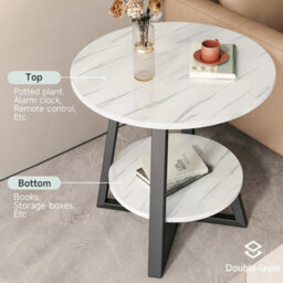 Round 2 Tier Coffee Table Side Table White Marble Effect End Table Living Room - thumbnail 6
