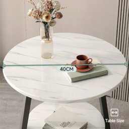 Round 2 Tier Coffee Table Side Table White Marble Effect End Table Living Room - thumbnail 2