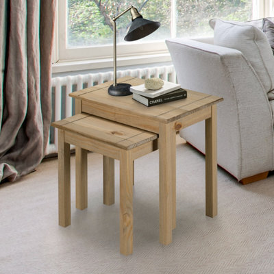 Mews Panama Nest Of Tables Solid Pine Wood Waxed Oak Finish - image 1