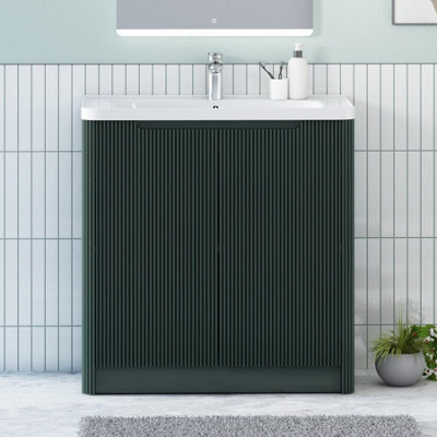 Royal Bathrooms Avenza 800mm Fluted Floor Standing Vanity Unit Deep Moss Green 2 Door Storage Cabinet With Ceramic Basin - image 1
