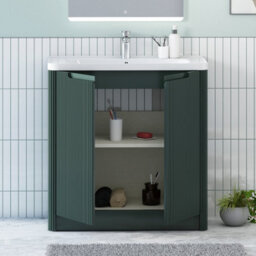 Royal Bathrooms Avenza 800mm Fluted Floor Standing Vanity Unit Deep Moss Green 2 Door Storage Cabinet With Ceramic Basin - thumbnail 3