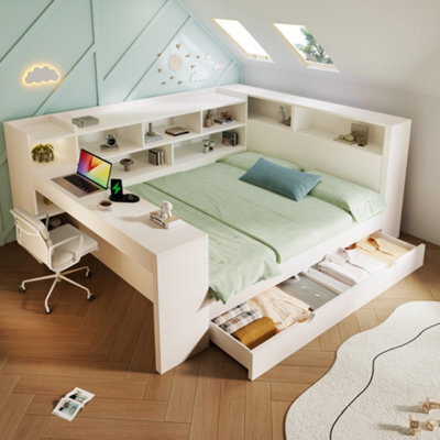Matteo Double Daybed With Integrated Desk & Storage - 4Ft6 White Wooden Bed Frame With Usb & Type-C Ports - image 1