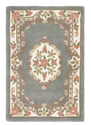 Grey Traditional Wool Rug, Handmade Rug With 25mm Thickness, Grey Floral Rug For Bedroom, & Dining Room-120Cm (Circle) - image 1