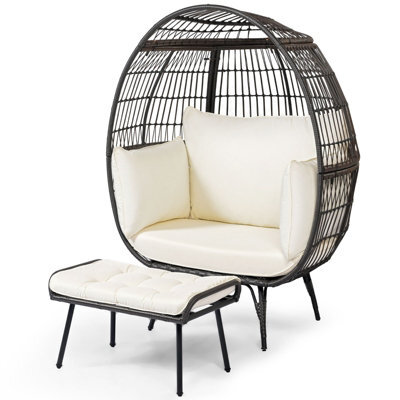 Gainoom 2Pcs Garden Patio Wicker Oversized Egg Chair White Lounge Basket Set W/ Ottoman - image 1