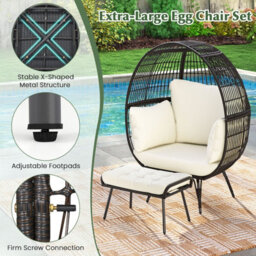 Gainoom 2Pcs Garden Patio Wicker Oversized Egg Chair White Lounge Basket Set W/ Ottoman - thumbnail 9