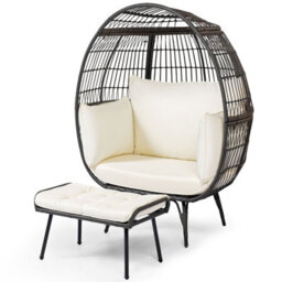 Gainoom 2Pcs Garden Patio Wicker Oversized Egg Chair White Lounge Basket Set W/ Ottoman