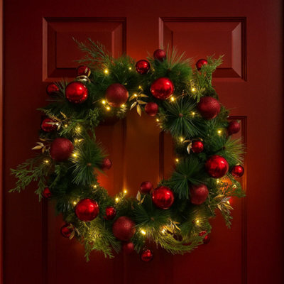 Trendi 40Cm Christmas Wreath With Led Lights Artificial Xmas Door Wreath For Front Door Wall Home Decor Holiday Garland With Red Baubles - image 1